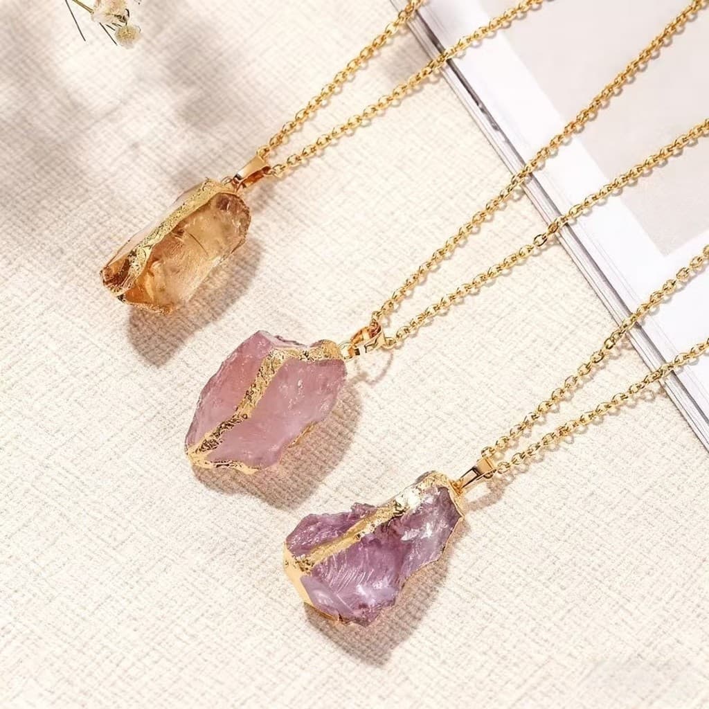 Pingente de cristal de pedra natural irregular, banhado a ouro eletroplaqueado, cristal rosa citrino, para joias DIY.