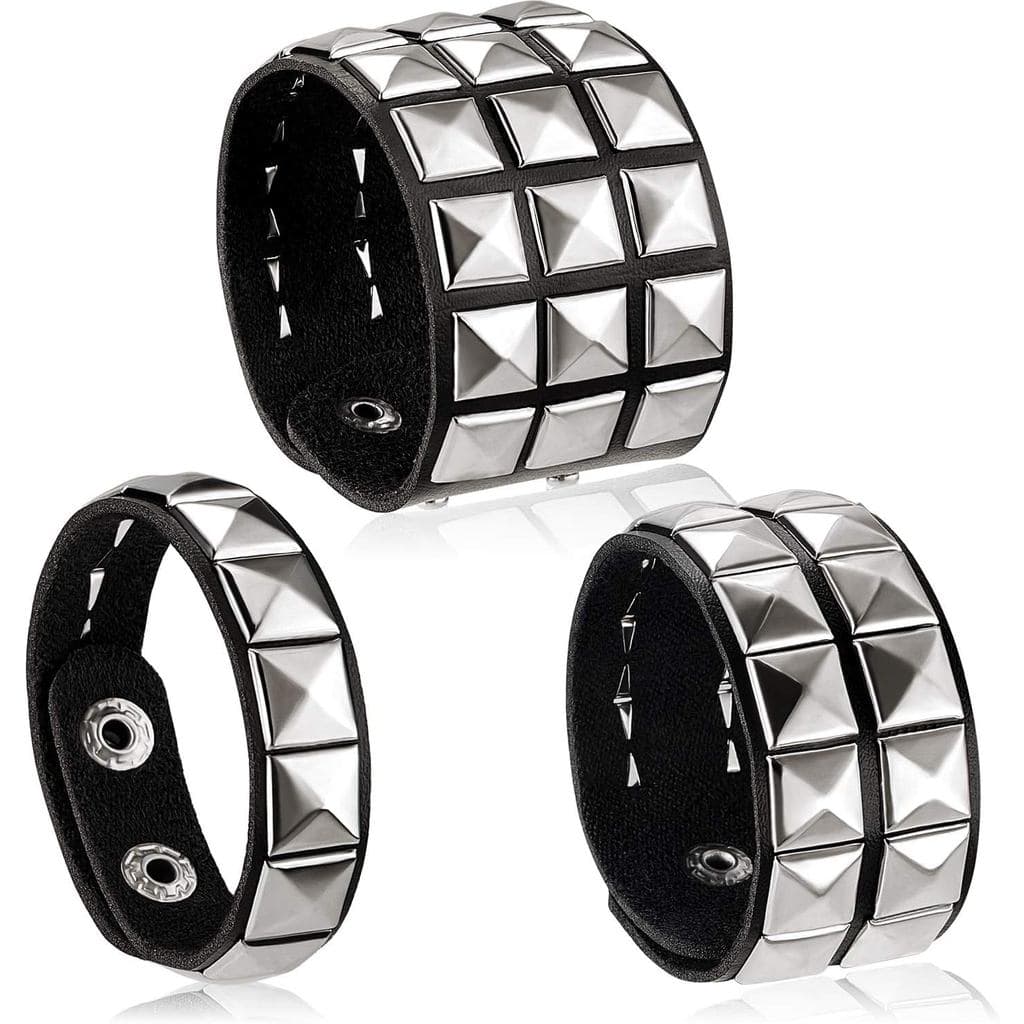 3 Peças Pulseira Cravejada De Couro Preto Rebite Punk Manguito Envoltório Botão De Pressão De Metal Para Homens E Mulher