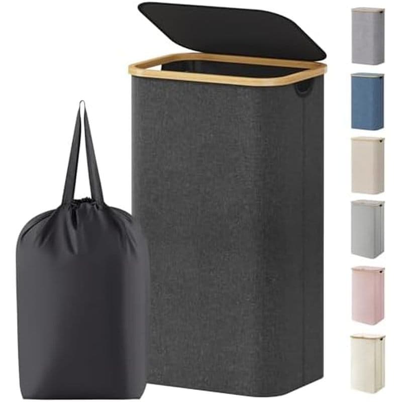 Cesto de roupa suja Lifewit 100L com tampa, cesto de roupa com alça de bambu e um saco removível, cesto de roupa suja gr
