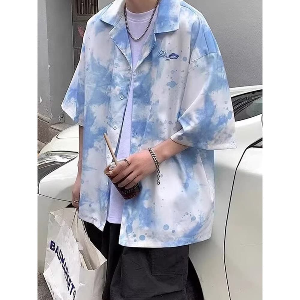 Verão novo estilo férias estilo ins estilo Hong Kong Retro Tie-Dye camisa de manga curta casal solto exterior Wear topo
