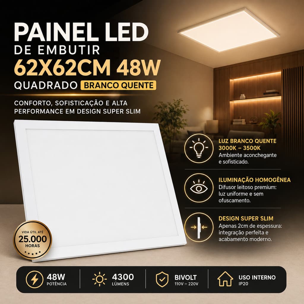 Painel LED Embutir 62x62 Slim 48W Branco Quente Luminária Teto Gesso Sanca Paylow