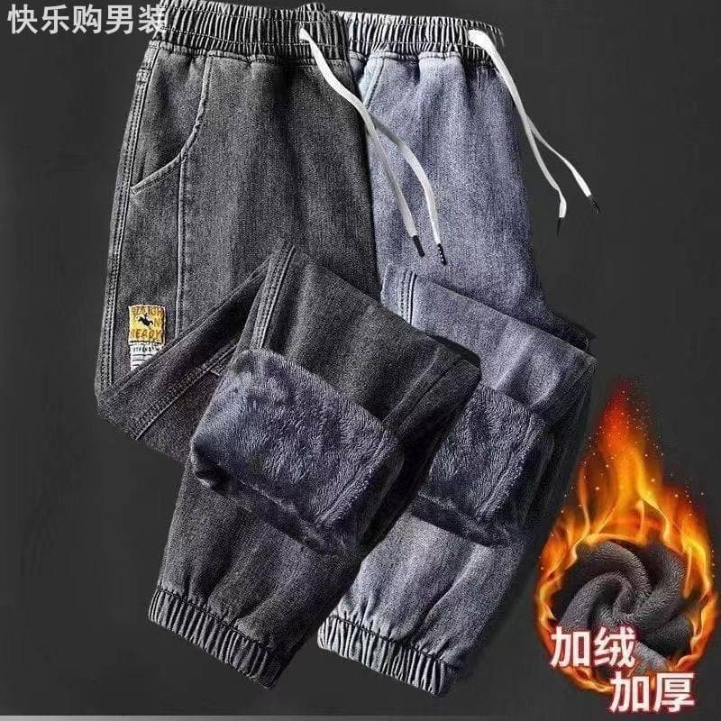 Jeans masculinos 2024 novo estilo Casual tamanho grande macacão de amarração forro de lã engrossado quente calças compri