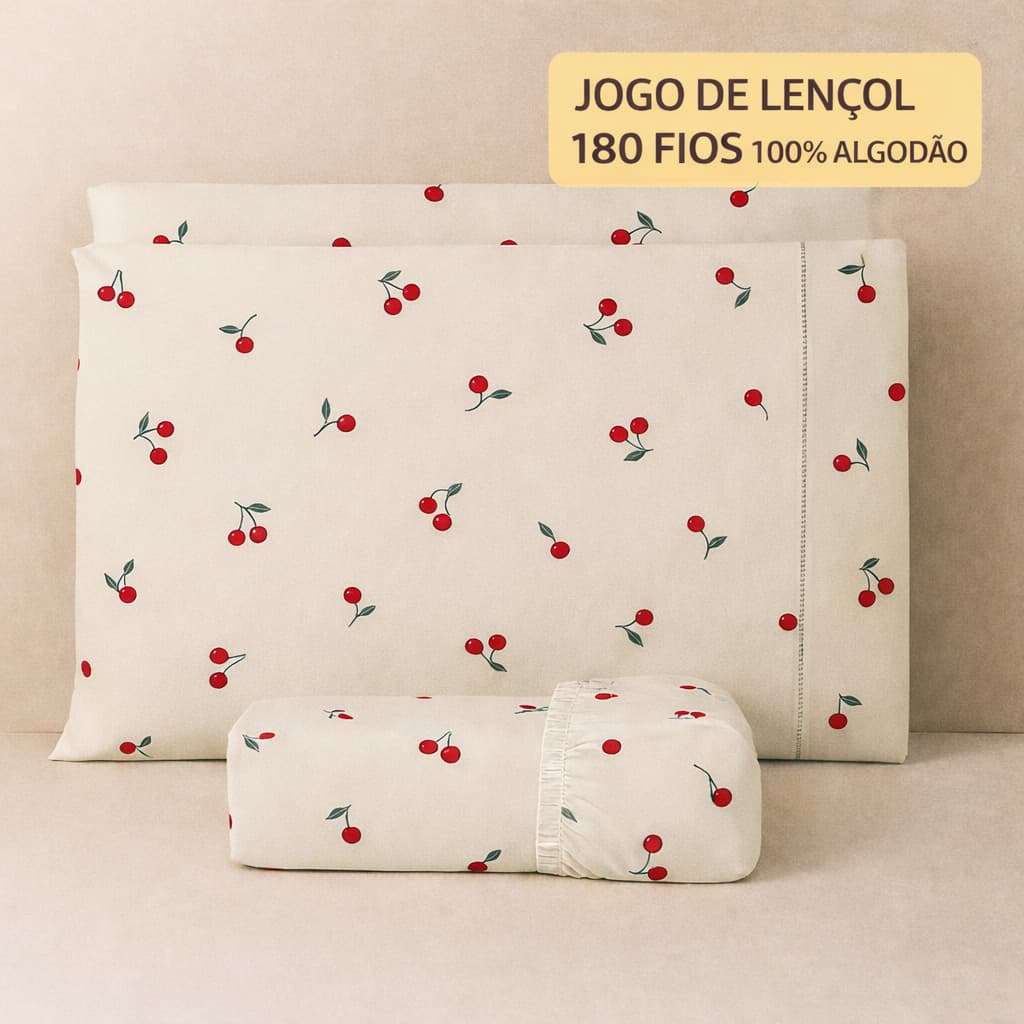 JOGO DE LENÇOL 2 E 3 PEÇAS 180 FIOS CEREJINHA 100% ALGODÃO SOLTEIRO CASAL QUEEN KING TOQUE MACIO