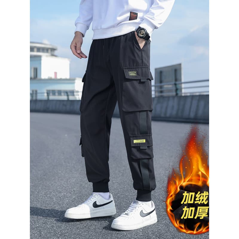 Primavera outono calças macacão masculino ins calças esportivas versão coreana na moda solto inverno forro de lã calças