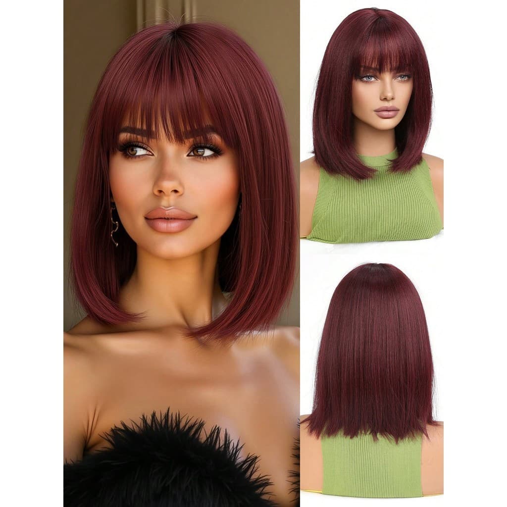 Peruca Bob Vermelho Vinho Com Franja Fibra Bio Organica 30cm 180g Top Hair MAYA-BUG