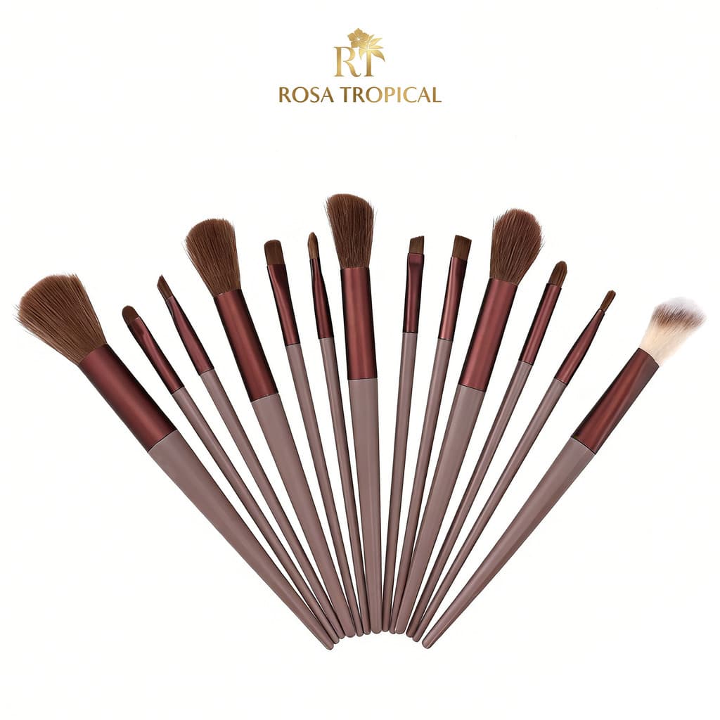 Kit de Pincéis de Maquiagem 13 Peças Design Elegante para Rosto e Olhos Cerdas Macias ROSA TROPICAL