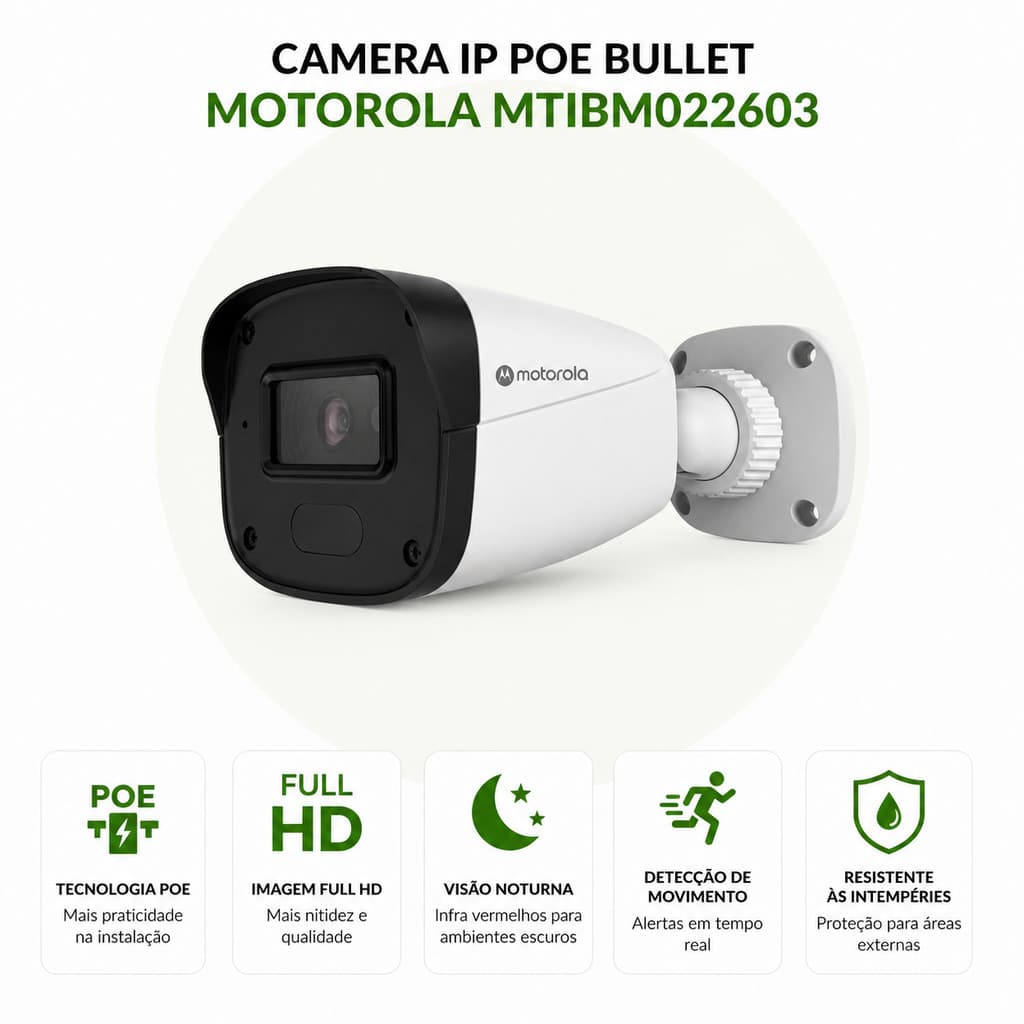 Câmera IP PoE Bullet Motorola MTIBM022603 Full HD 2MP com Áudio