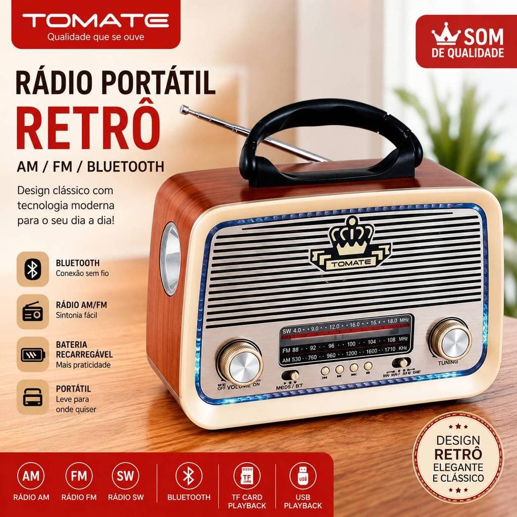 Rádio Retrô Bluetooth Portátil AM FM Recarregável Vintage com Alça para Casa Viagem e Lazer