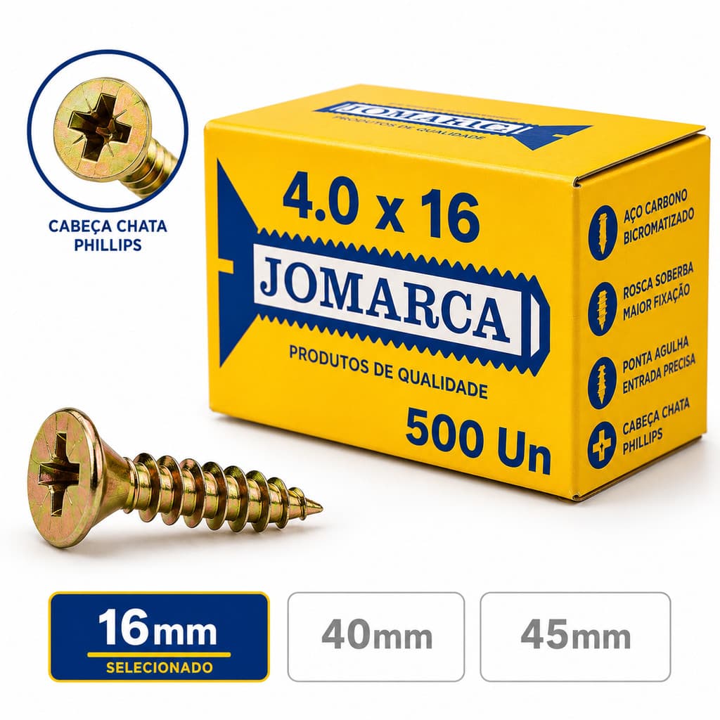 Kit 500 Peças Parafuso Chipboard 4,0x16mm Philips Cabeça Chata Para Madeira MDF Jomarca