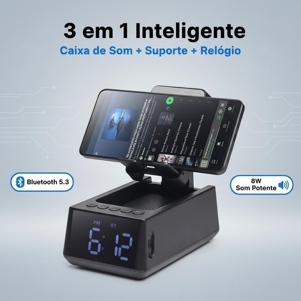 Caixa De Som Bluetooth 8w Relógio Digital E Suporte Celular