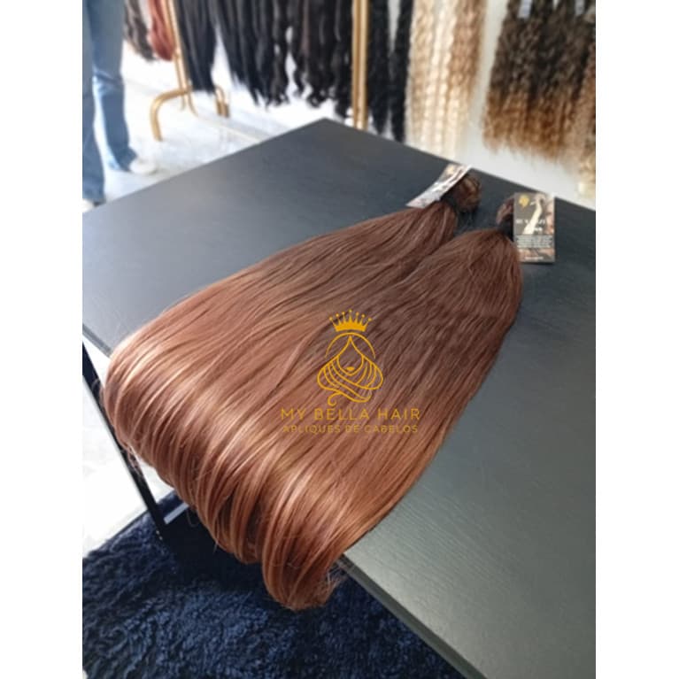 Aplique de Cabelo Fibra Russa Tela Semi Humano Natural 60cm Liso Castanho Médio Chocolate