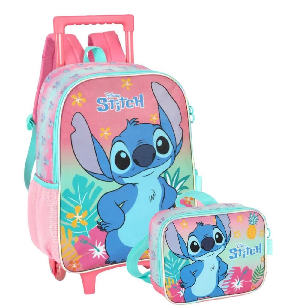 Kit Mochila Rodinha Lancheira Térmica Infantil Escolar Menina Lillo Stitch Rosa