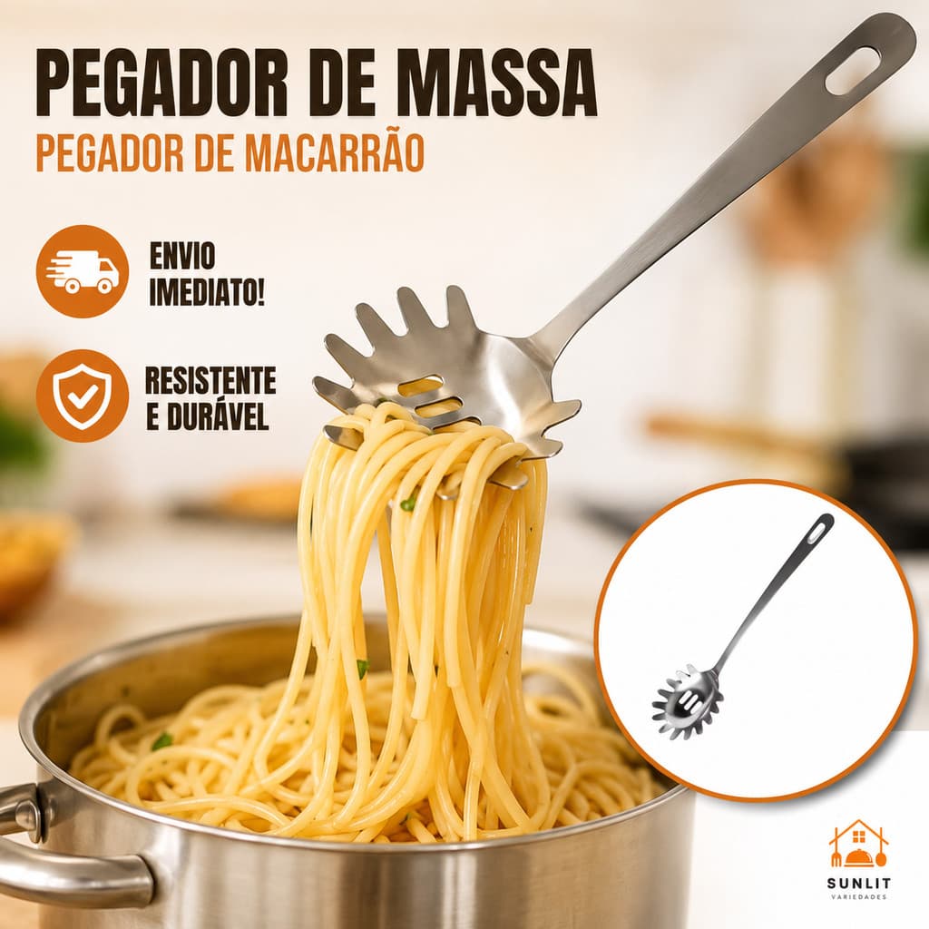 Pegador de Massas Macarrão Inox 23,4cm – Ideal para Servir Macarrão com Praticidade e Alta Qualidade H