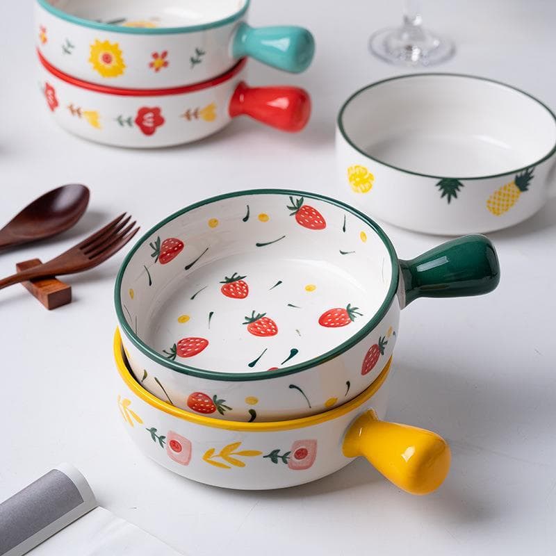 Tigela de cerâmica com alça grande, tigela para assar frutas, salada, café da manhã, macarrão instantâneo, criativo, nór