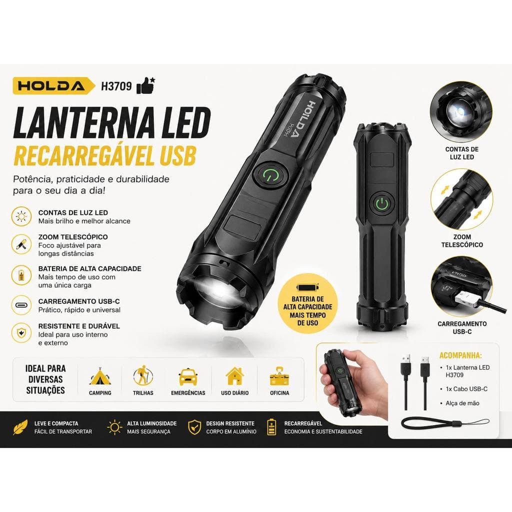 Lanterna LED Tática Recarregável USB Com Acendedor Elétrico Portátil