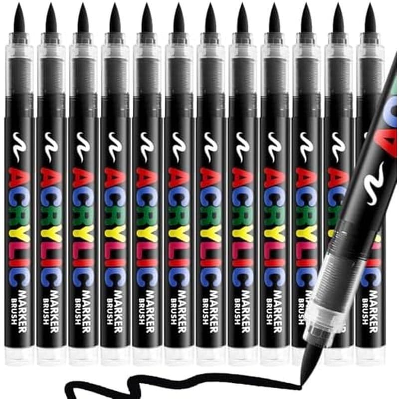 6 Canetas De Tinta Pretas + 6 Brancas , Marcadores Acrílica Com Ponta De Pincel Para Pintura Em Rocha , Madeira , Vidro