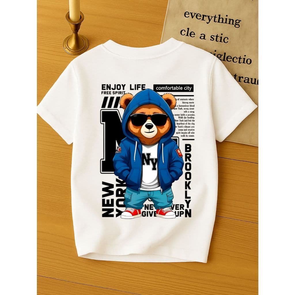 Camiseta Infantil Juvenil Menino 100% Algodão Tecido Premium Estampado Urso Enjoy