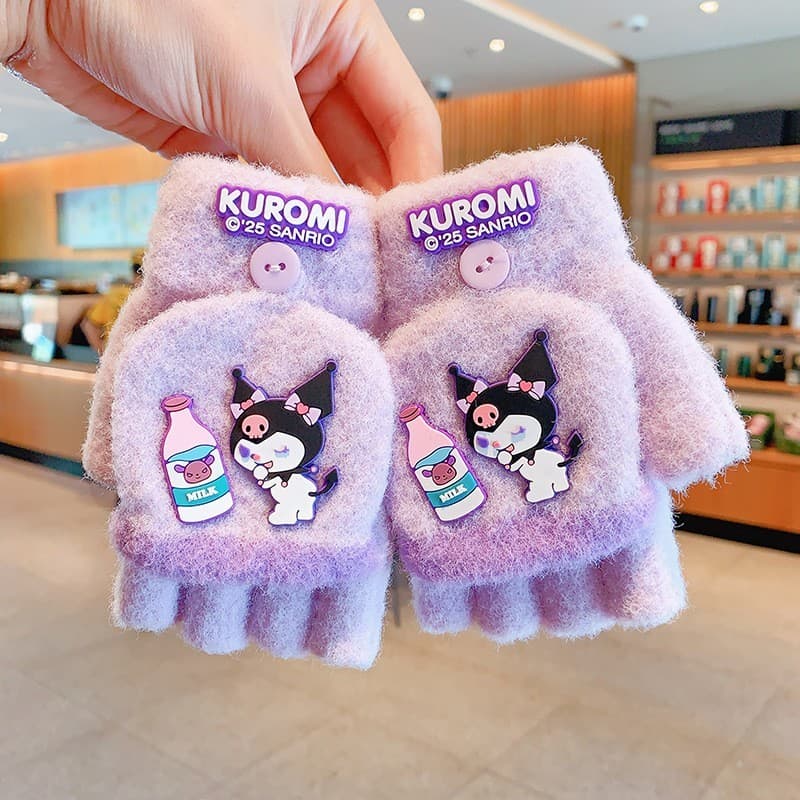 Coolmi luvas infantis inverno meio dedo Flip Kuromi manter quente feminino dos desenhos animados estudantes da escola pr