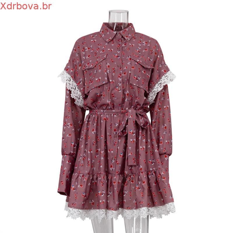 vestido midi Novo Feminino floral patchwork Com Lapela Elegante , Saia Evasê De Manga Comprida Cadarço Curta