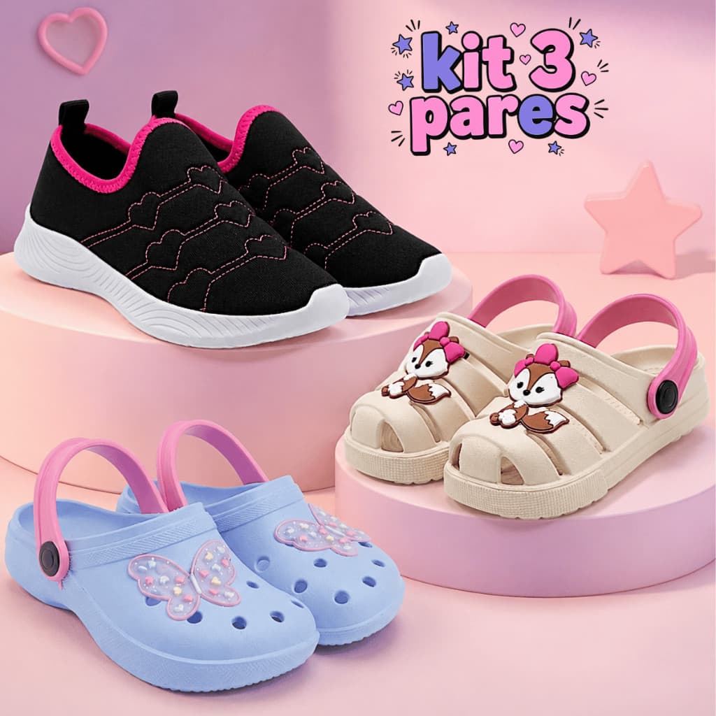 Kit 3 Pares Tênis Infantil Feminino e Sandália Babuche Menina