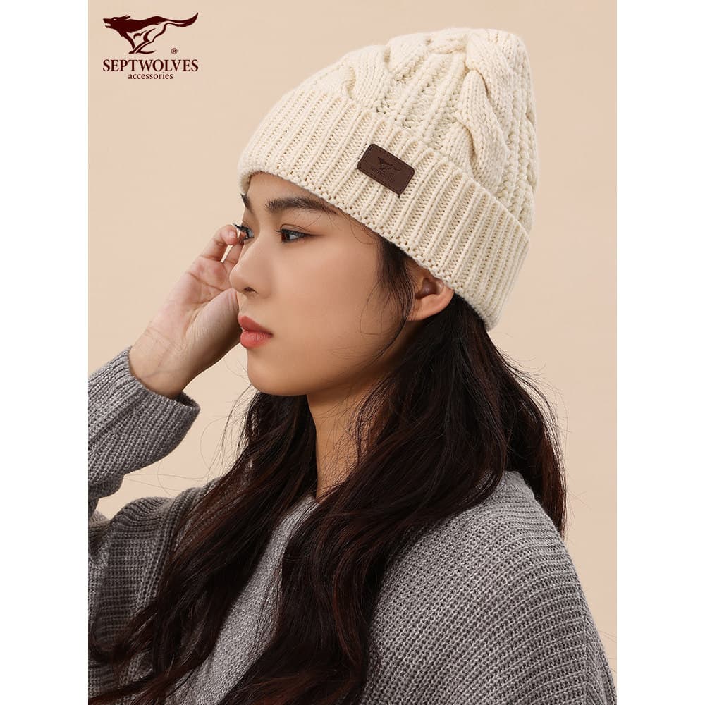 Sete lobos chapéu feminino inverno lã chapéu de lã quente outono inverno chapéu de malha pilha chapéu à prova de vento c