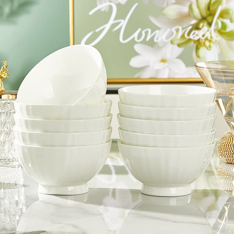 Tigela de arroz de porcelana de osso branco puro Conjunto de tigela de arroz de cerâmica doméstica Estilo japonês Tigela