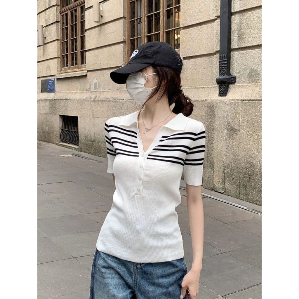 Estilo de dinheiro antigo usar listrado ombro costura camisa POLO feminina 2026 verão novo estilo lapela manga curta mal