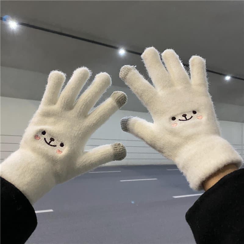 Luvas de inverno feminino quente estudante versão coreana bonito feminino forro de lã engrossado ciclismo cinco dedos te