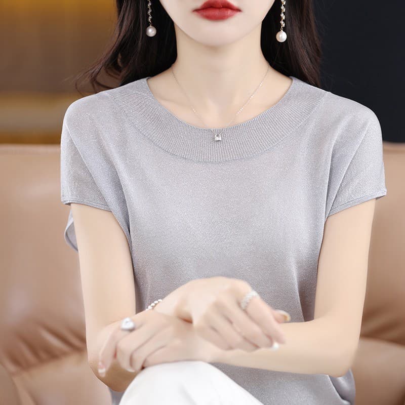 Top de malha de seda gelo feminino manga curta verão estilo fino Drape High-End sentimento All-Match manga solta redonda