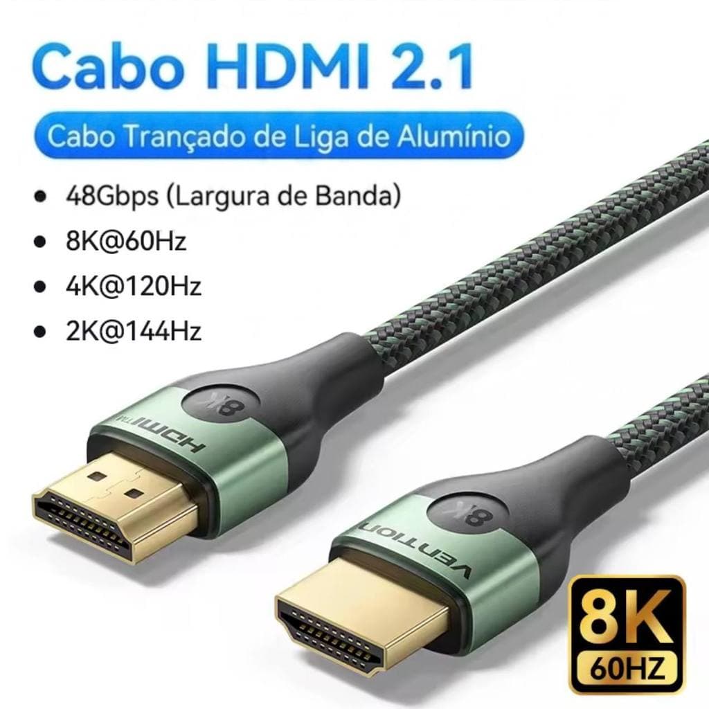 Cabo HDMI 2.1 Vention 8K 60Hz 4K 120Hz Ultra High Speed 48Gbps Trançado para PS5 Xbox Series X PC Gamer Xiaomi TV Box
