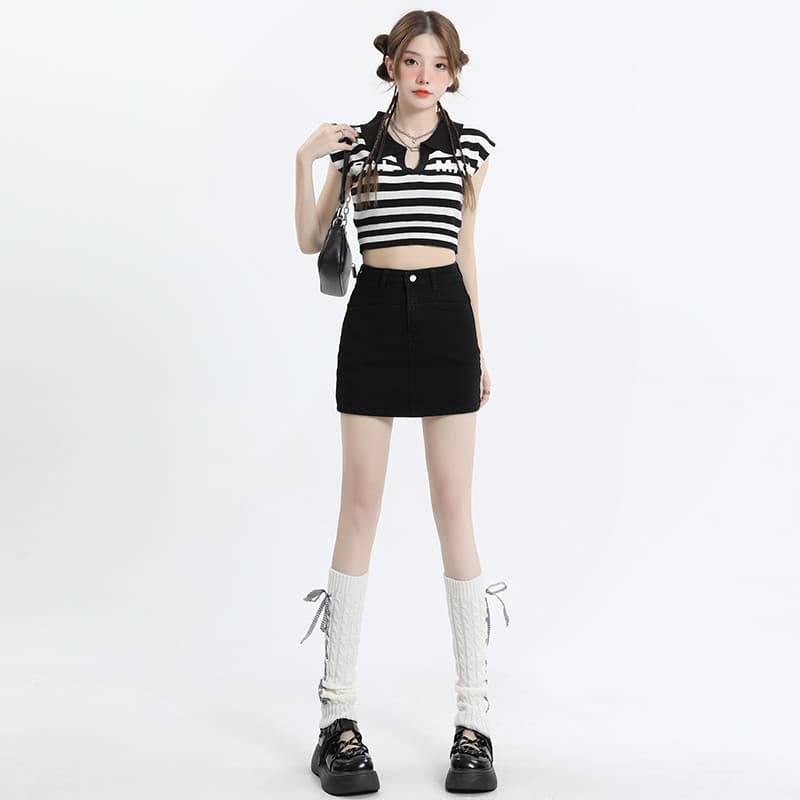 Estilo coreano estilo de rua Retro preto Denim saia feminina primavera cintura alta mais magro olhar Hip saia Shorts sai