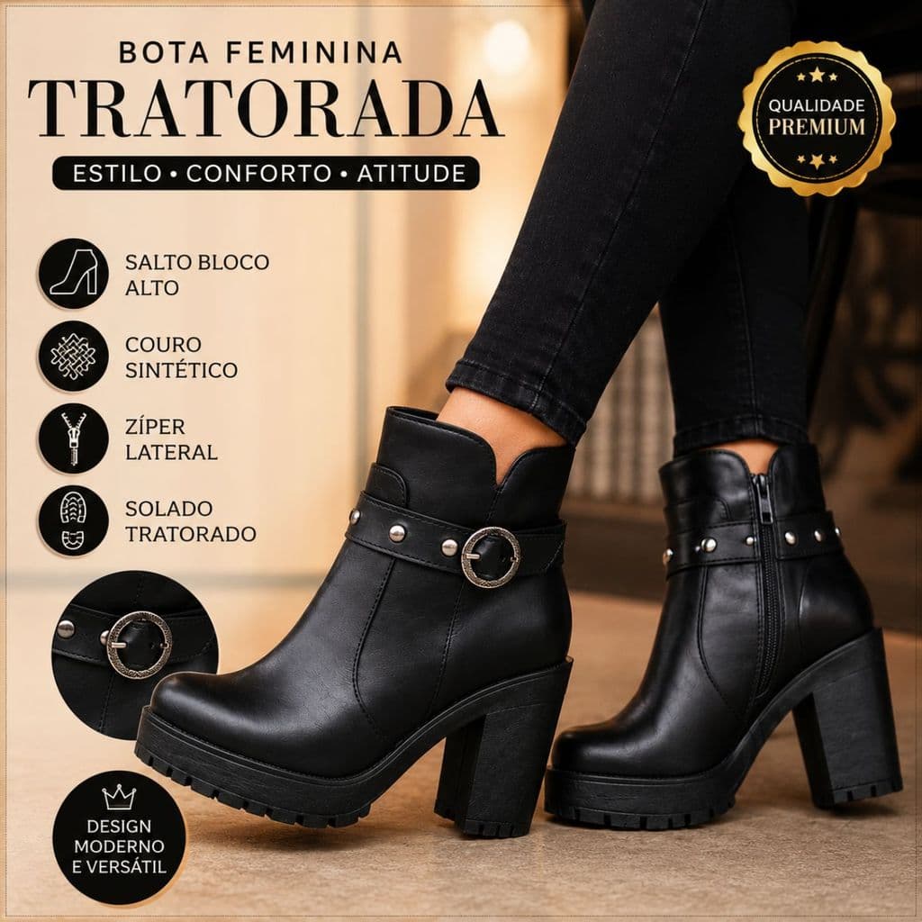 Bota Feminina Moda Cano Curto Com Ziper Lateral Confortável Inverno Salto Alto Elegante Moderna
