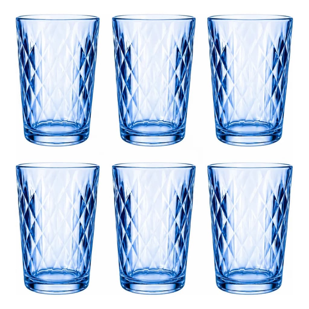 Jogo 6 Copos Altos Vidro Grosso Diamond Azul 400ml Diamante Água Suco Drink Mesa Posta Cozinha Bar