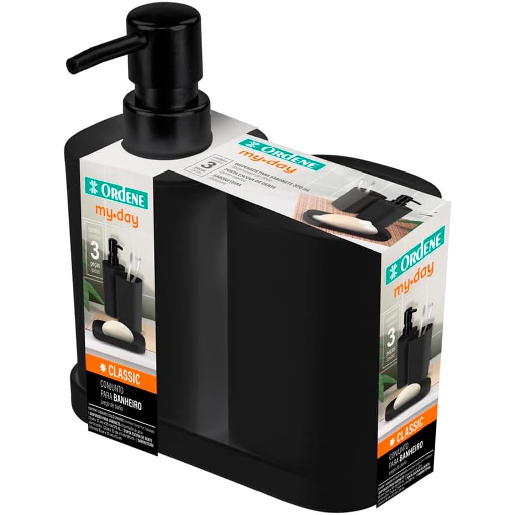 Kit para banheiro e lavabo Conjunto com dispenser porta escova e sabonete Preto