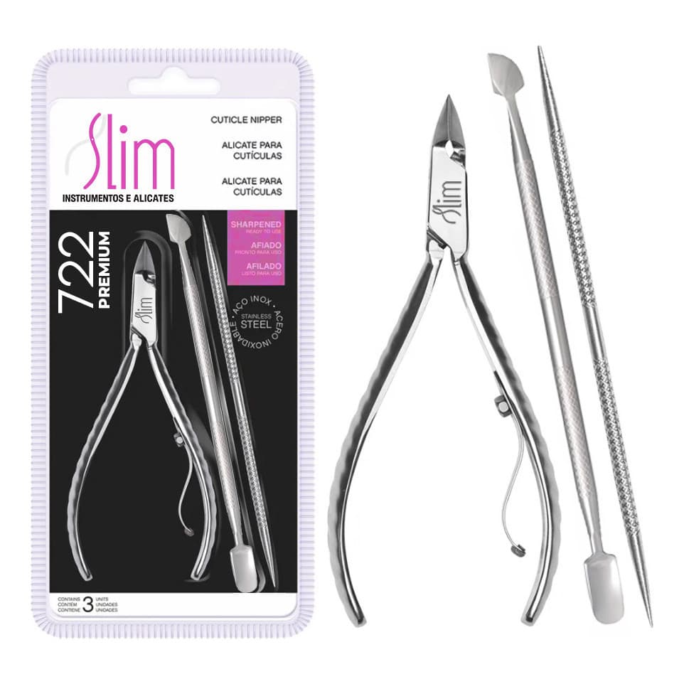 Kit Manicure Profissional 3 Itens Aço Inox Alicate + Palito + Empurrador De Cutícula 722 Slim