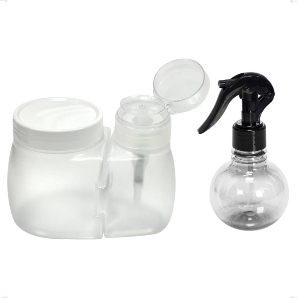 DOSADOR DE ACETONA COM PORTA ALGODÃO + PULVERIZADOR BORRIFADOR BOLINHA 180ML