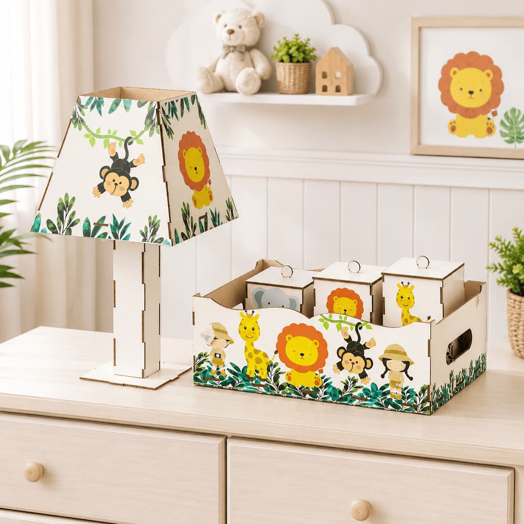 Kit Higiene Bebê safari 5 Peças Mdf Mult uso adesivado novidade Pronta Entrega promoção