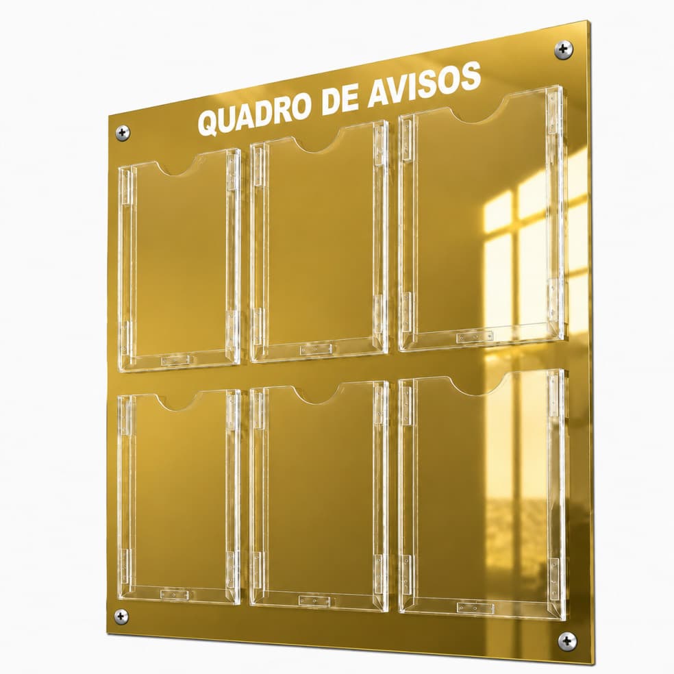 Quadro Avisos e Gestão 6 Displays A4 ACM Dourado Espelhado