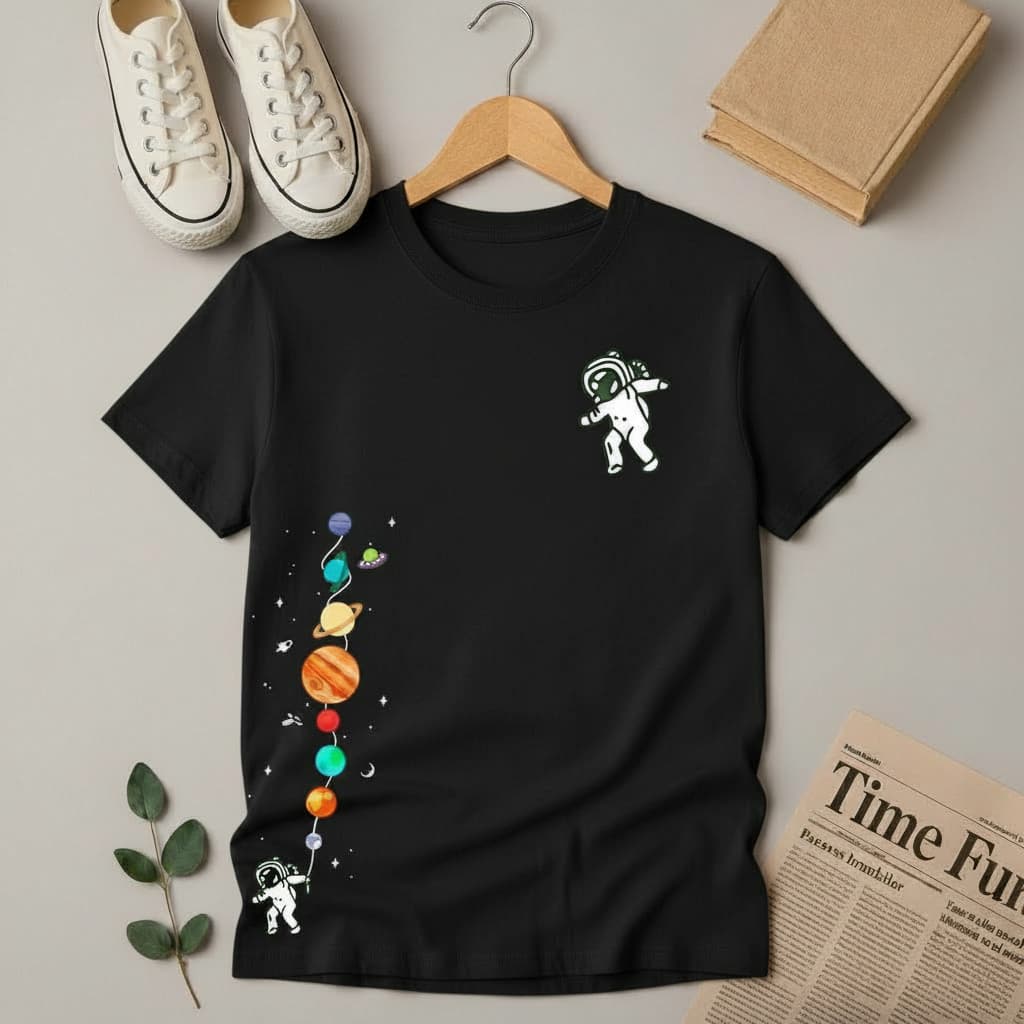 Camiseta Infantil Menino Astronauta Espaço Algodão Várias Cores Camisa Galáxia Kids T-shirt Planetas