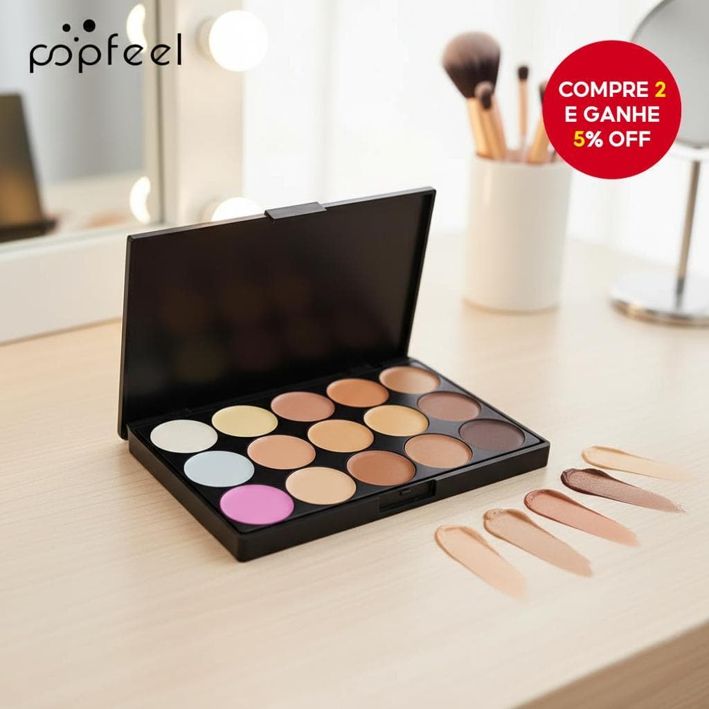 POPFEEL Paleta de Corretivos Cremosos 15 Cores, Resistente a Borrões, Blendável, Longa Duração, Alta Cobertura para