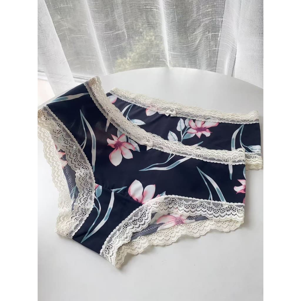 Verão novo estilo rosa menina azul marinho flor leite seda calcinha feminina borda de renda cintura baixa macio ceroso t