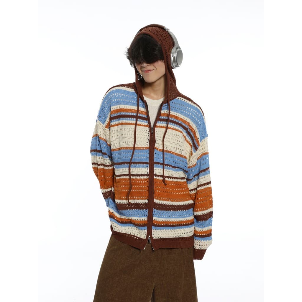 Americano Retro Design Original com capuz listrado fino malha Cardigan camisola das mulheres dos homens solto estilo pre