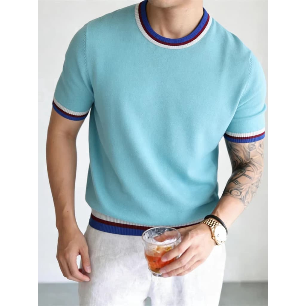 Americano Retro verão malhas manga curta fino-ajuste em torno do pescoço contraste cor listras na moda topo Commuter Cas