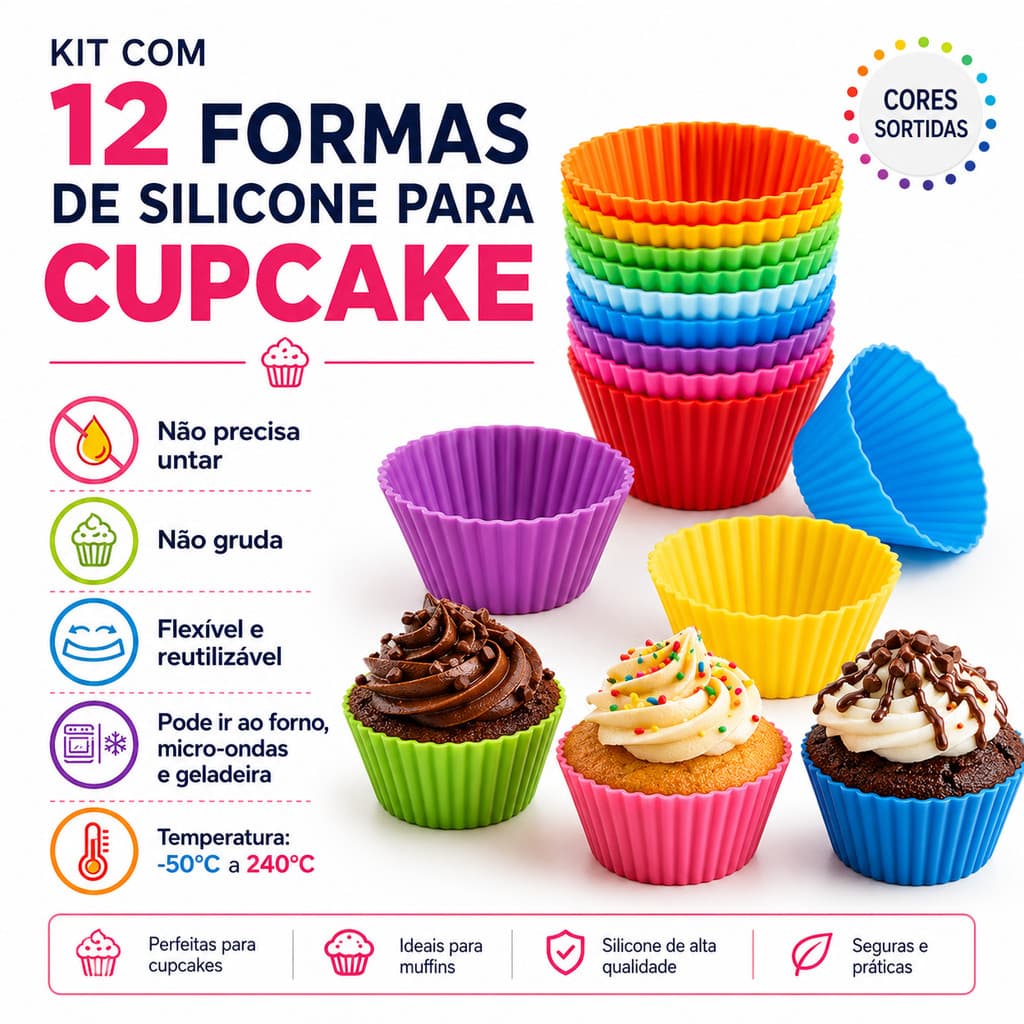 Kit 12 Formas de Silicone para Cupcake Muffin e Bolinho
