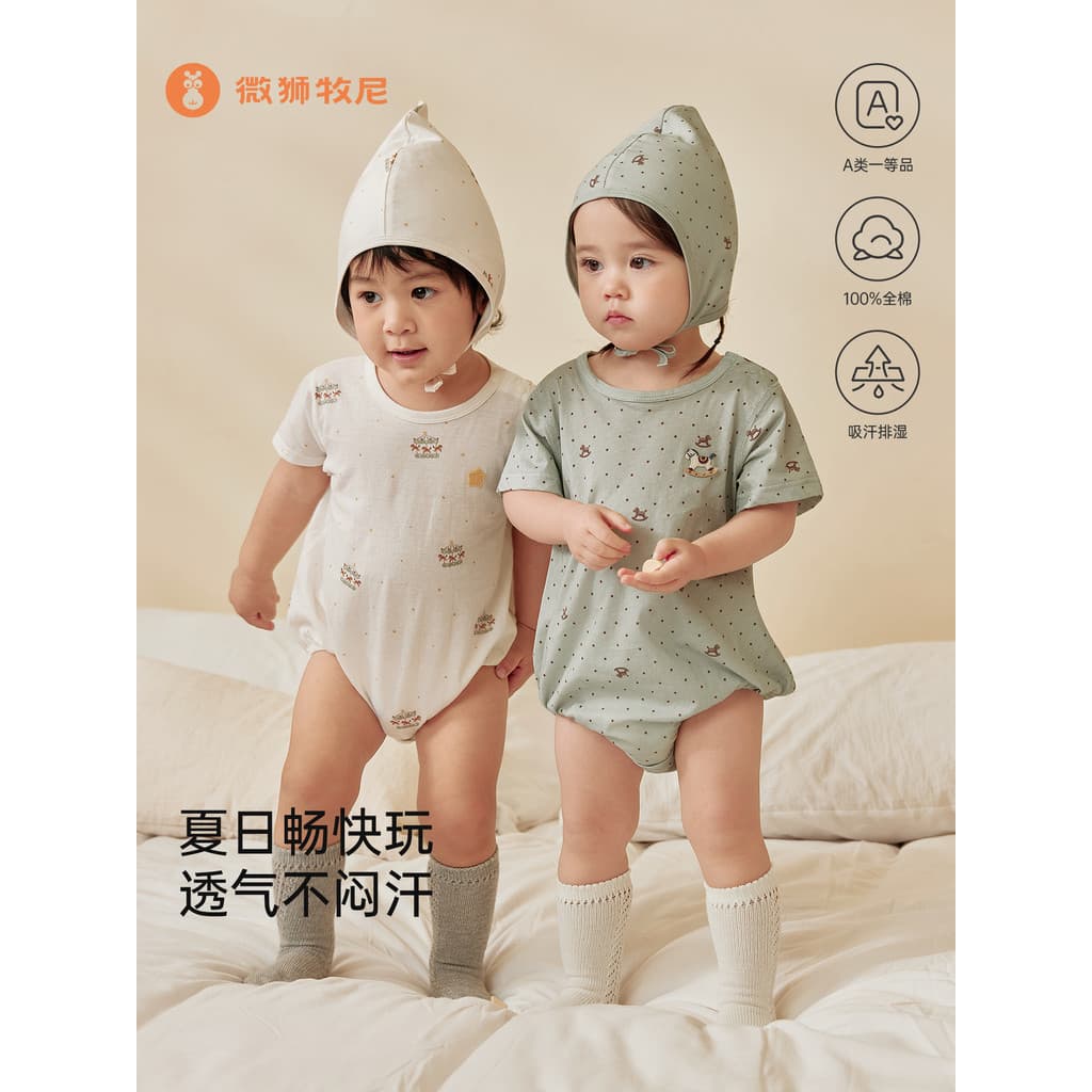 Micro leão Muni bebê de manga curta macacão verão estilo fino roupas de verão do bebê puro algodão macacão triângulo mac
