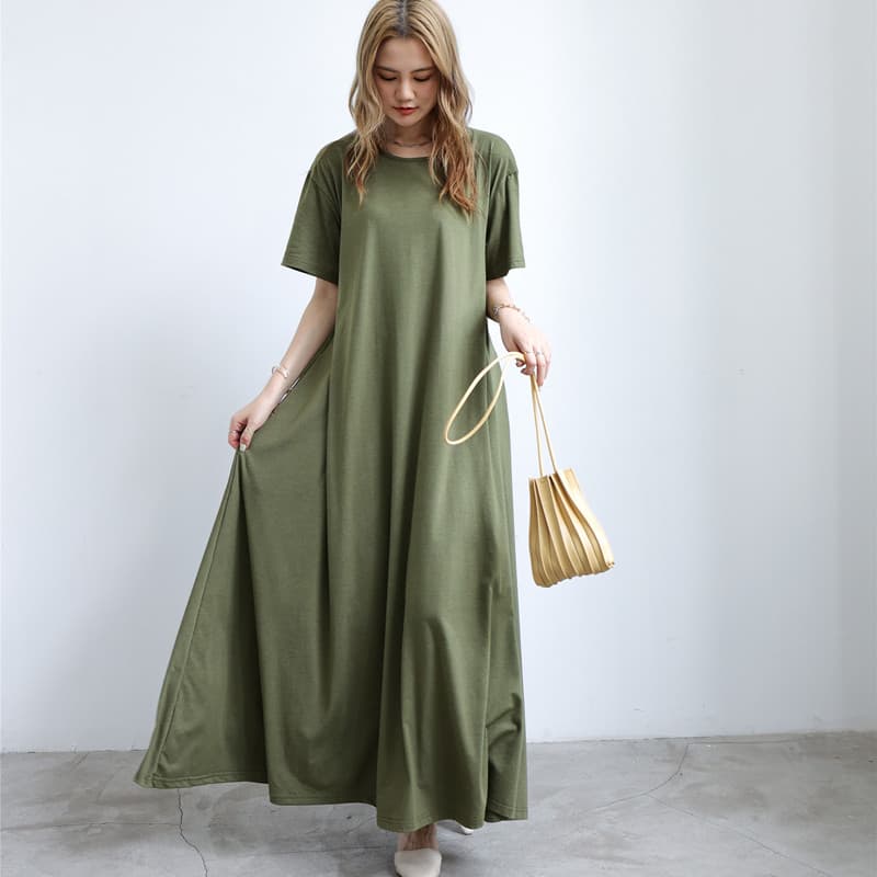 Primavera verão estilo japonês tamanho grande cor sólida em torno do pescoço de manga curta saia longa solta vestido de