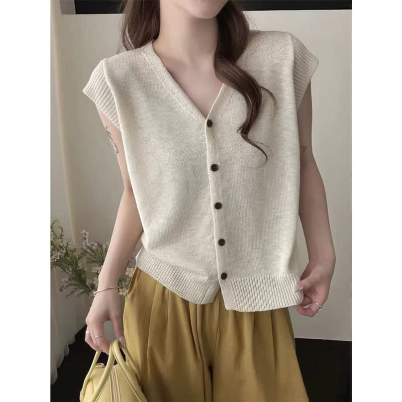 Cardigan de malha de seda gelo com decote em V sem mangas colete feminino 2026 verão novo estilo europeu feminino de man