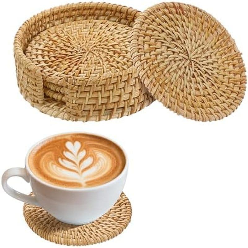 4 Pçs Natural Artesanal Rattan Coasters Com Suporte-Conjunto De Porta-Copos De Vime , Presentes De Inauguração Boho Verã