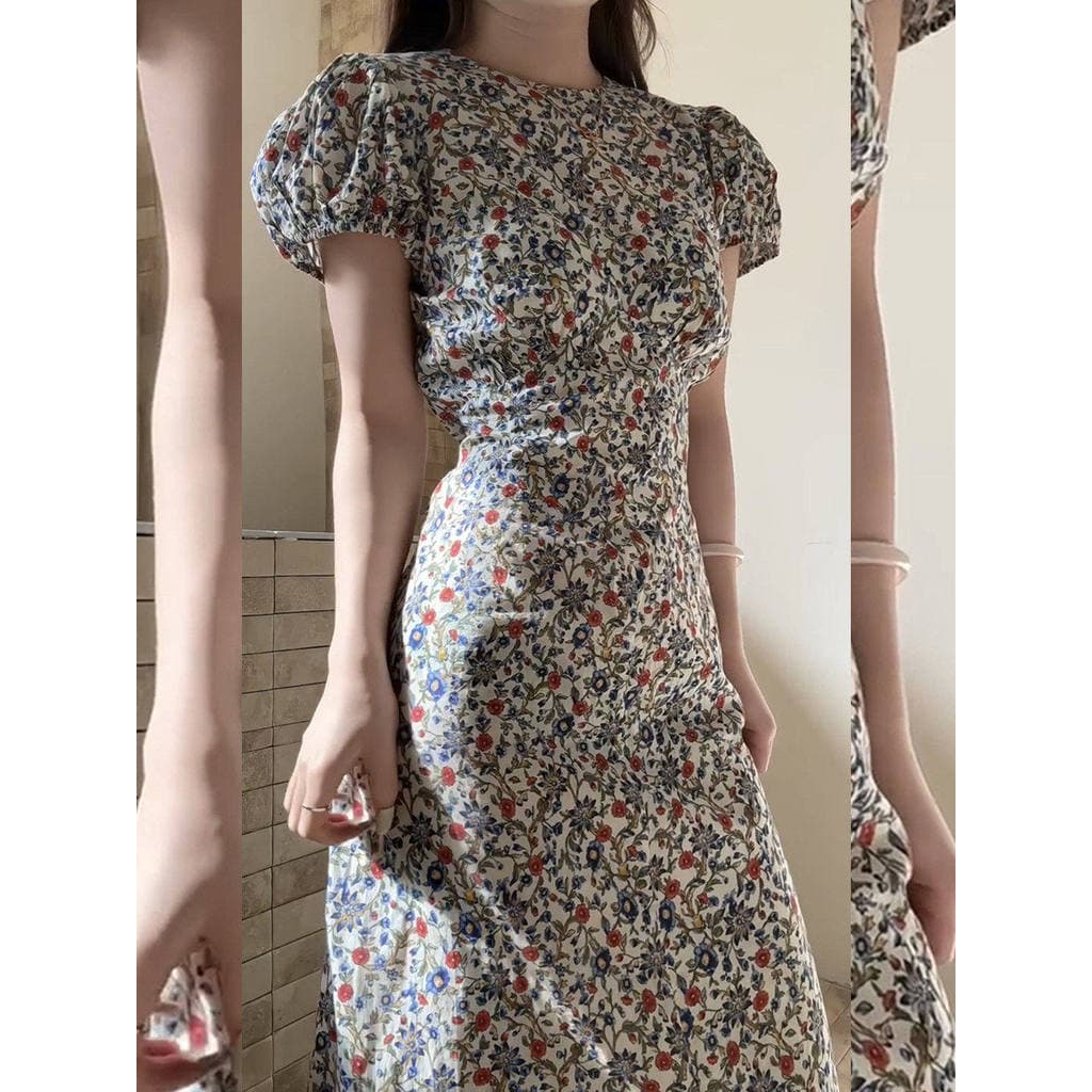 Vestido Floral estilo Pastoral francês, tamanho grande, ligeiramente gordo, MM, manga bufante, cintura estreita, gola re