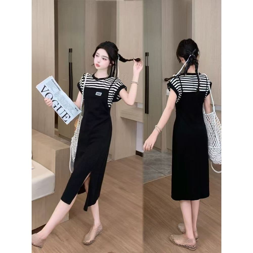 Listrado costura falso vestido de duas peças feminino verão 2026 novo estilo Casual mais magro olhar elegante meados de